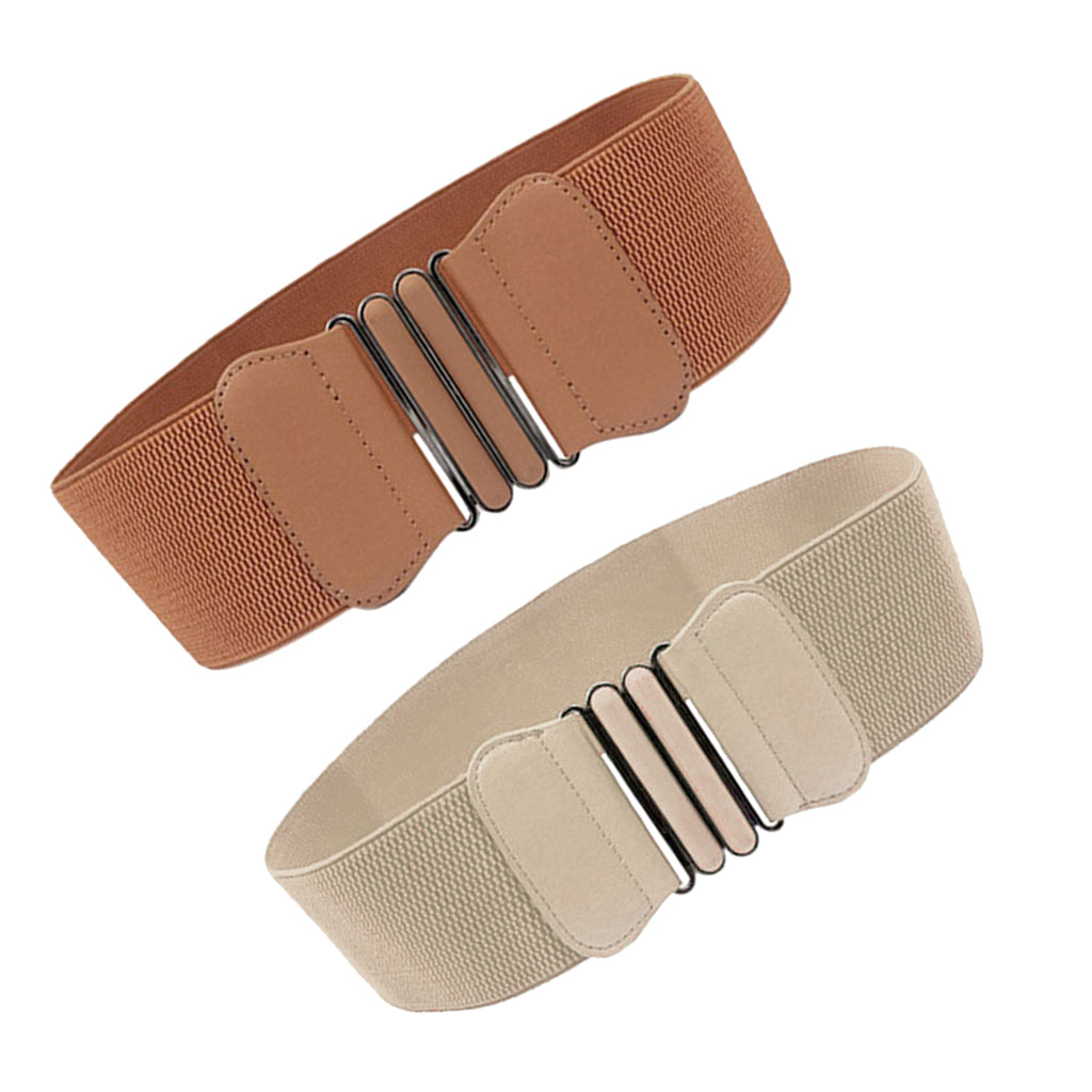 2Pack Fashion Womens Girls Fabric Wide Elastic Buckle Waist Belt Brown+Beige