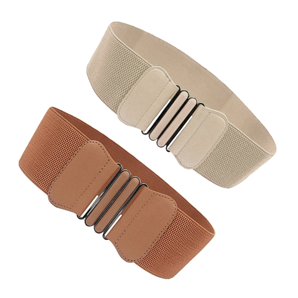 2Pack Fashion Womens Girls Fabric Wide Elastic Buckle Waist Belt Brown+Beige
