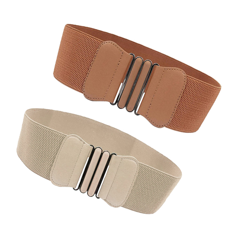 2Pack Fashion Womens Girls Fabric Wide Elastic Buckle Waist Belt Brown+Beige