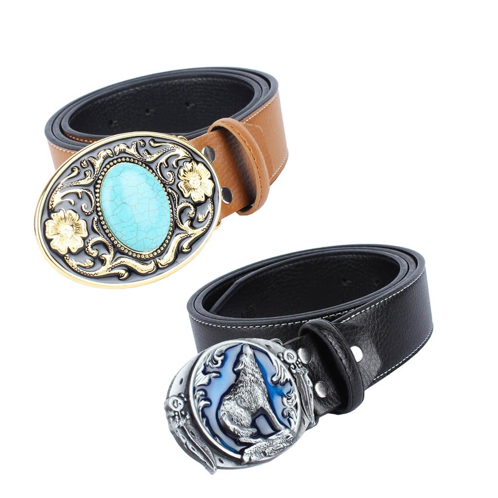 2Pack Vintage Werstern Fiber Leather Belts Cowboy Cowgirl Turquoise Buckles
