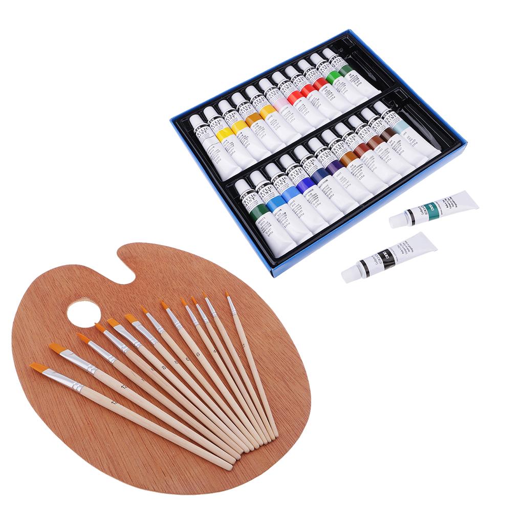 24 Colors Tube Acrylic Paints Pigment + 12x Painting Brush + Wooden Palette