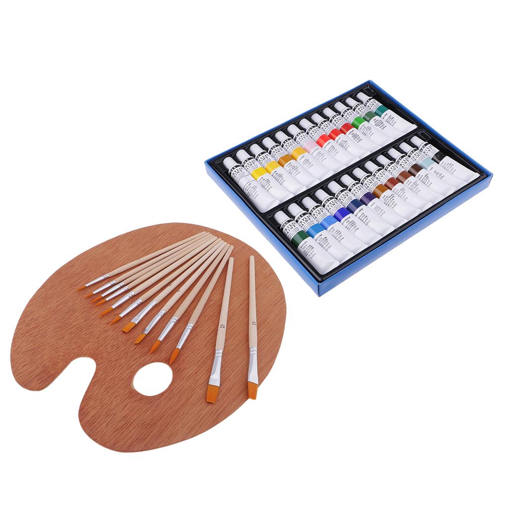 24 Colors Tube Acrylic Paints Pigment + 12x Painting Brush + Wooden Palette