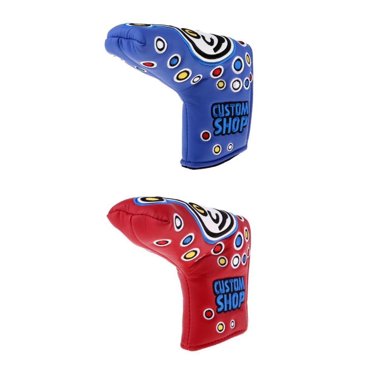 2 Pieces PU Leather Waterproof Embroidery Golf Putter Headcovers Blue+Red