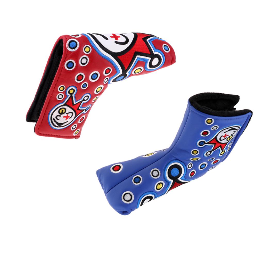 2 Pieces PU Leather Waterproof Embroidery Golf Putter Headcovers Blue+Red