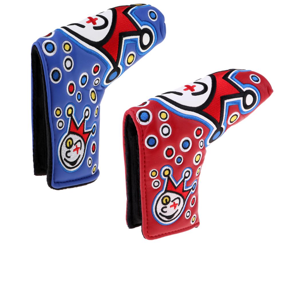 2 Pieces PU Leather Waterproof Embroidery Golf Putter Headcovers Blue+Red