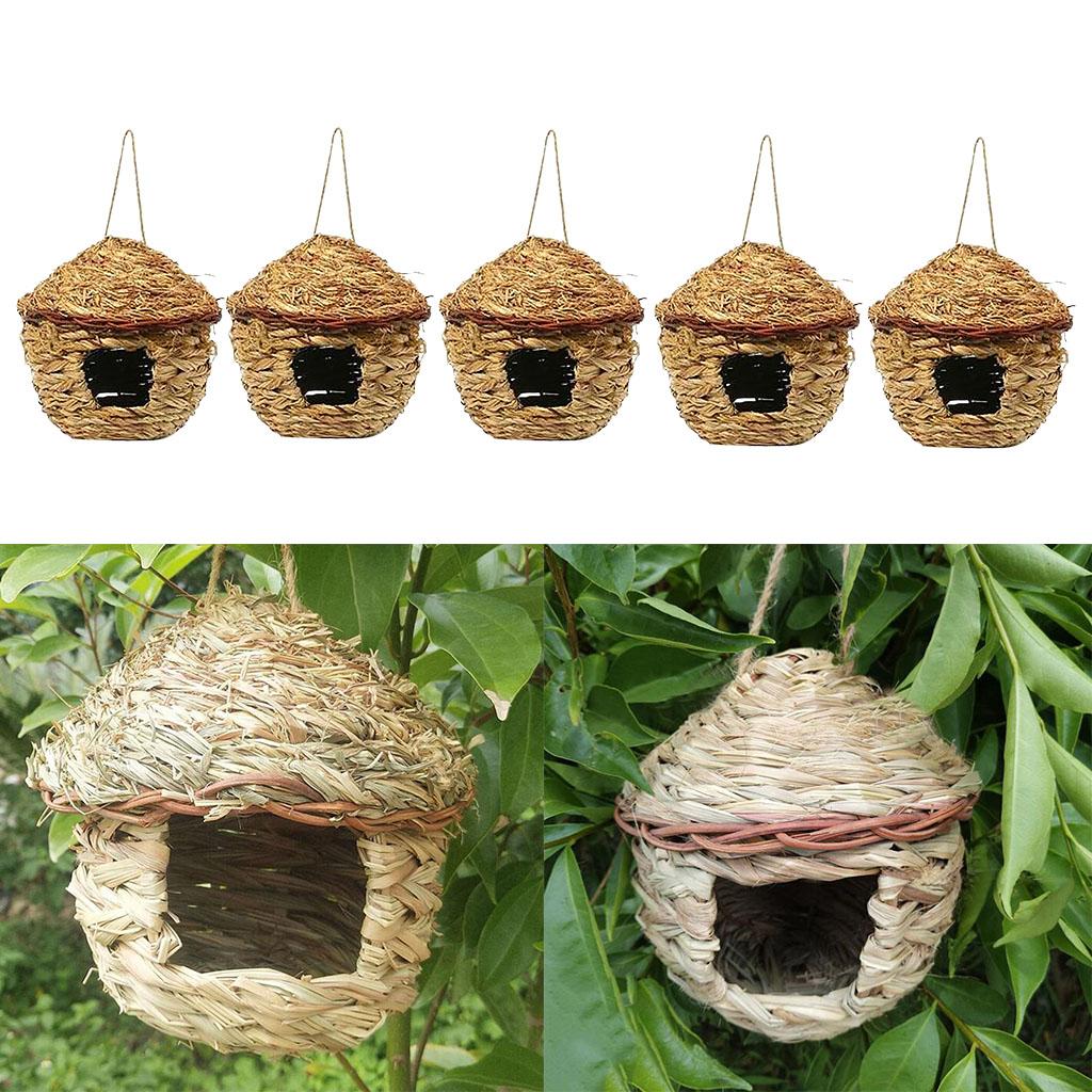 5 x Handwoven Straw Bird Nest House Hatching Breeding Grass Cave Tree Decor