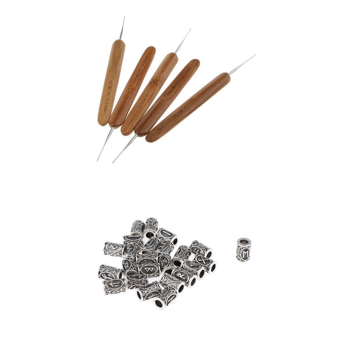 5x Hair Weaving Crochet Hook Needle Braid Craft 0.5mm + 24x Dreadlock Beads
