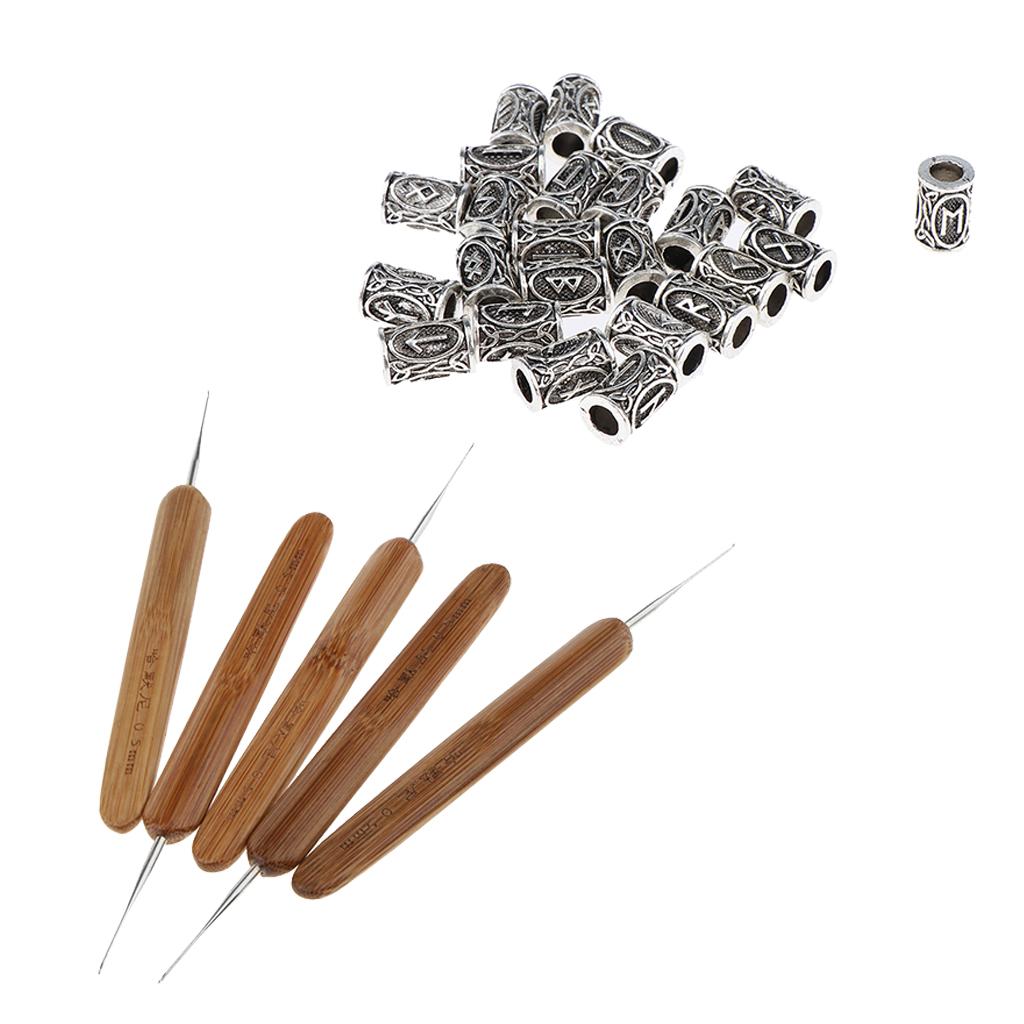 5x Hair Weaving Crochet Hook Needle Braid Craft 0.5mm + 24x Dreadlock Beads