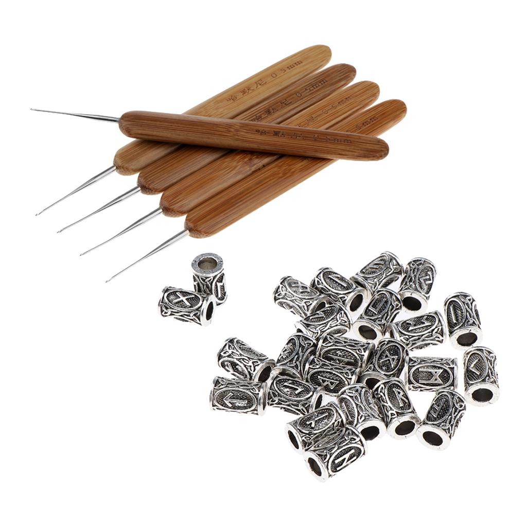 5x Hair Weaving Crochet Hook Needle Braid Craft 0.5mm + 24x Dreadlock Beads