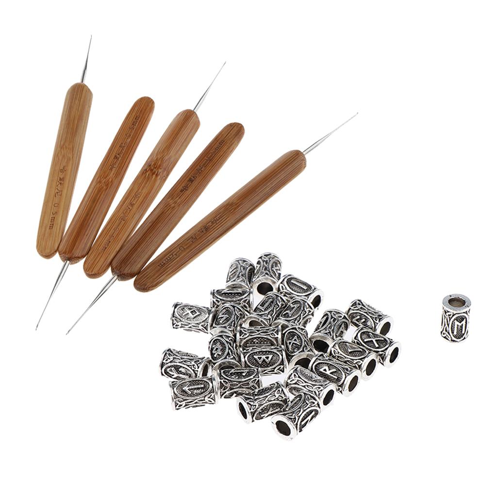5x Hair Weaving Crochet Hook Needle Braid Craft 0.5mm + 24x Dreadlock Beads