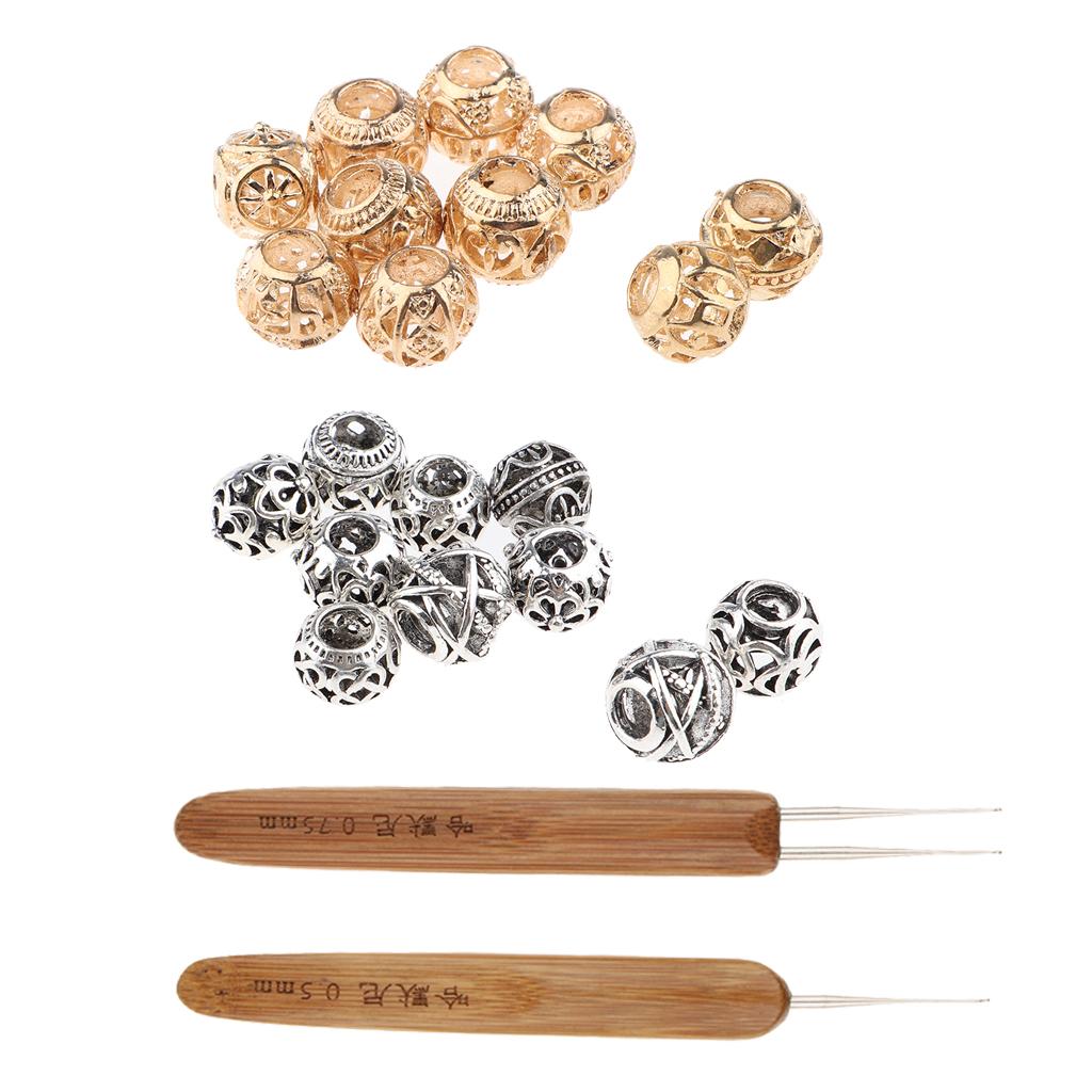2x Hair Crochet Hooks Needles Braid Craft 0.5mm/0.75mm + 20x Dreadlock Beads