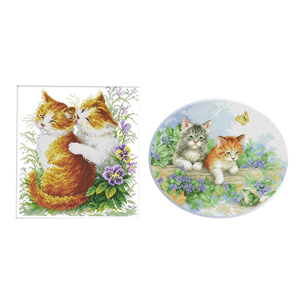 2 Set Stamped Cross Stitch Kits Embroidery Cloth DIY Needle Crafts - Two Cat