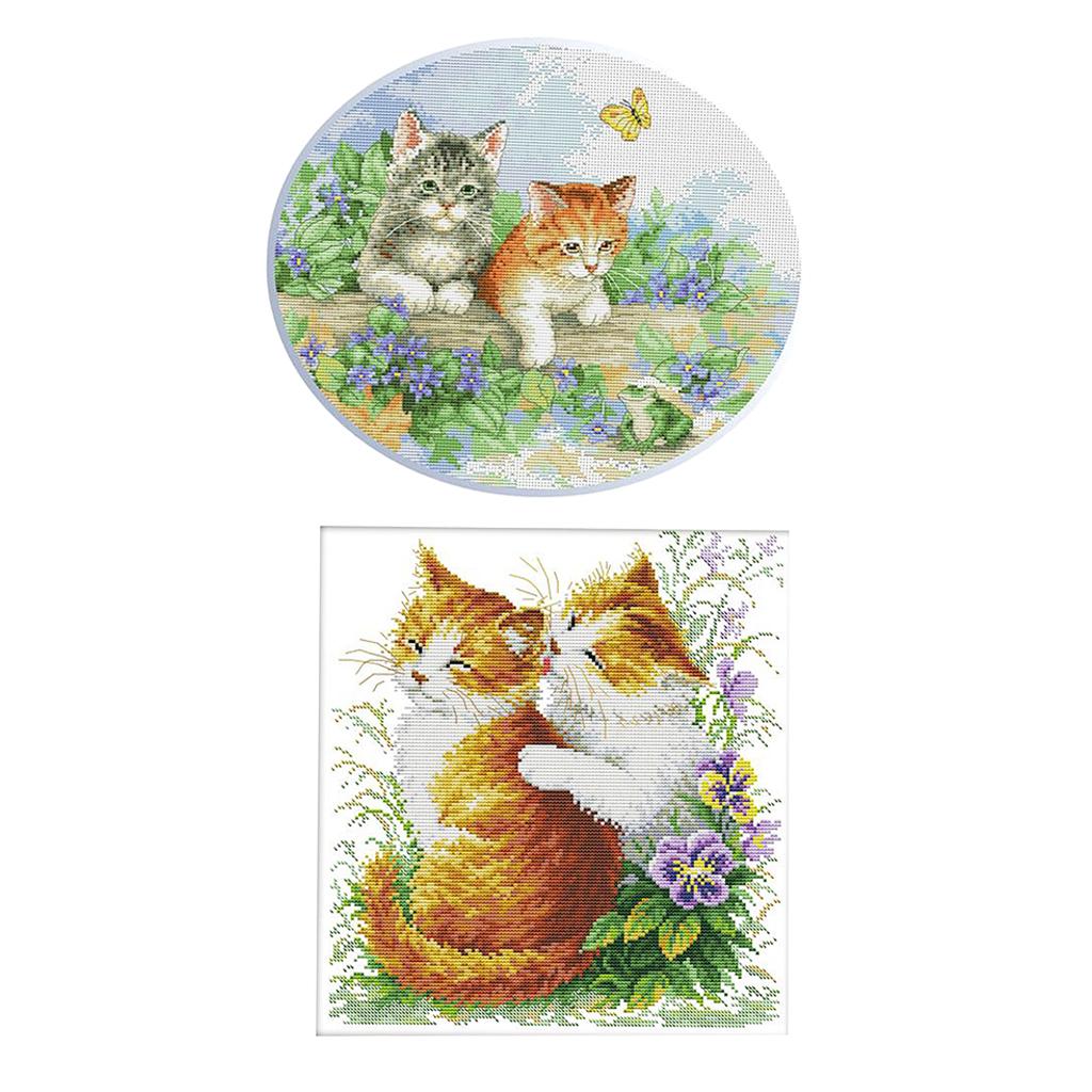 2 Set Stamped Cross Stitch Kits Embroidery Cloth DIY Needle Crafts - Two Cat