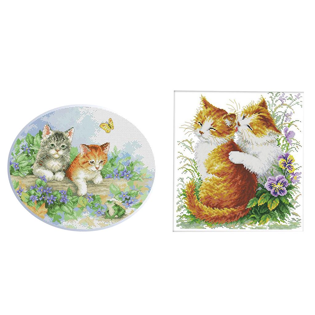 2 Set Stamped Cross Stitch Kits Embroidery Cloth DIY Needle Crafts - Two Cat