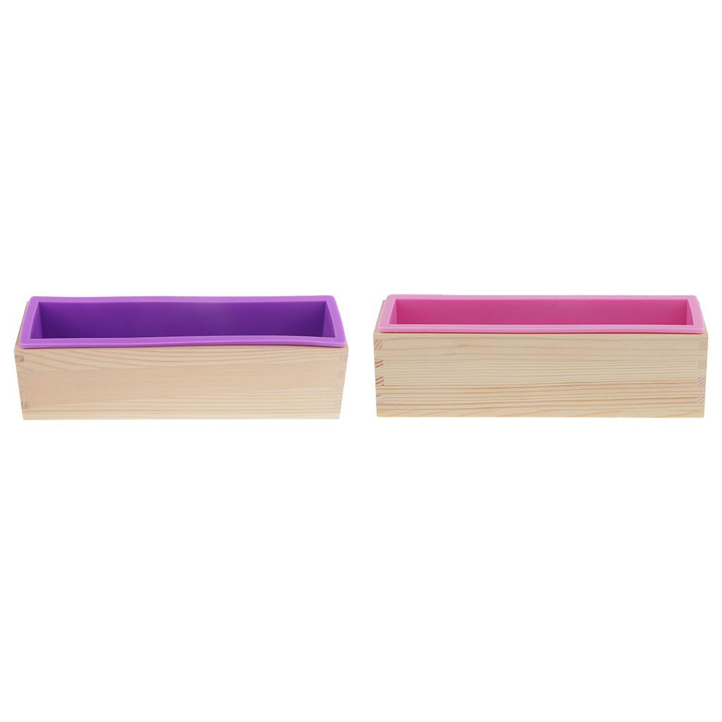 2x Rectangle Silicone Soap Loaf Mold with Wooden Box DIY Mould 900ml 2 color