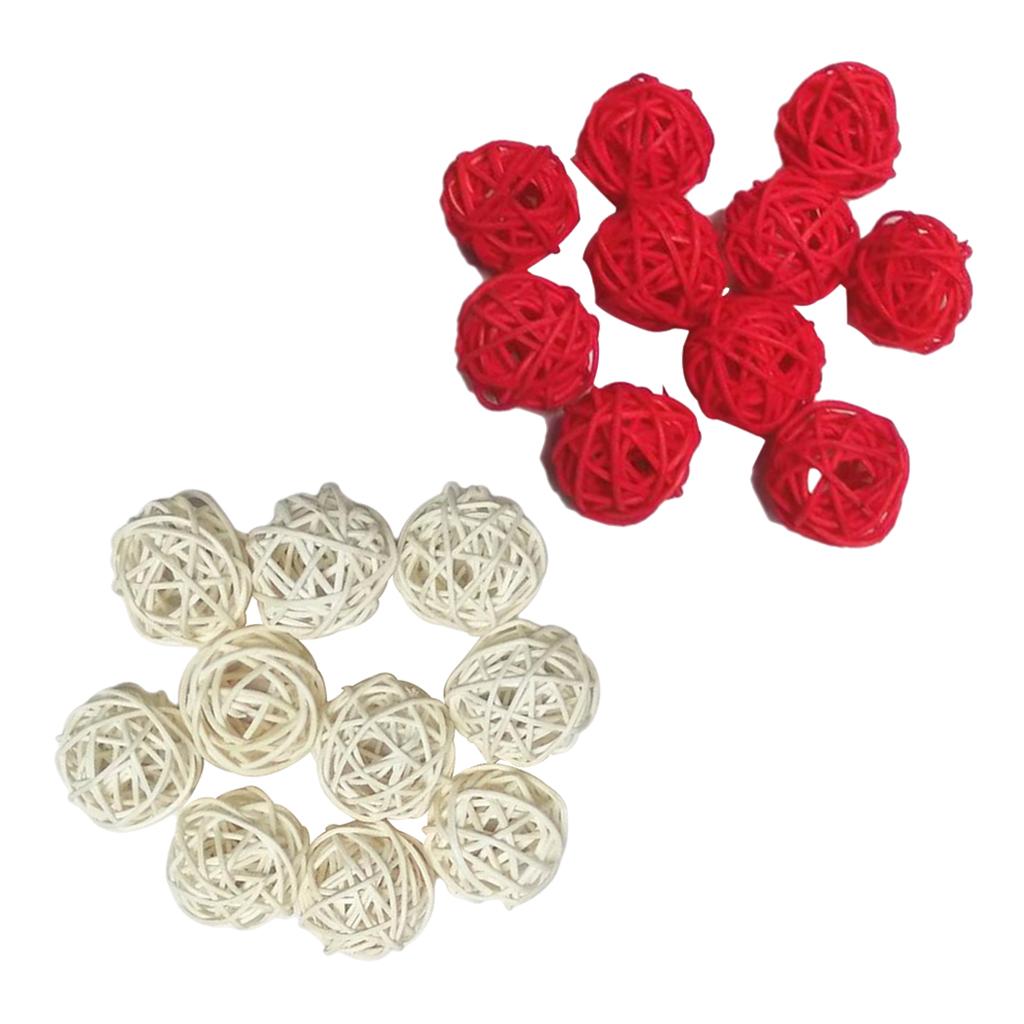 20pcs 3cm Wicker Rattan Balls Xmas Wedding Party Decorative Crafts white+red