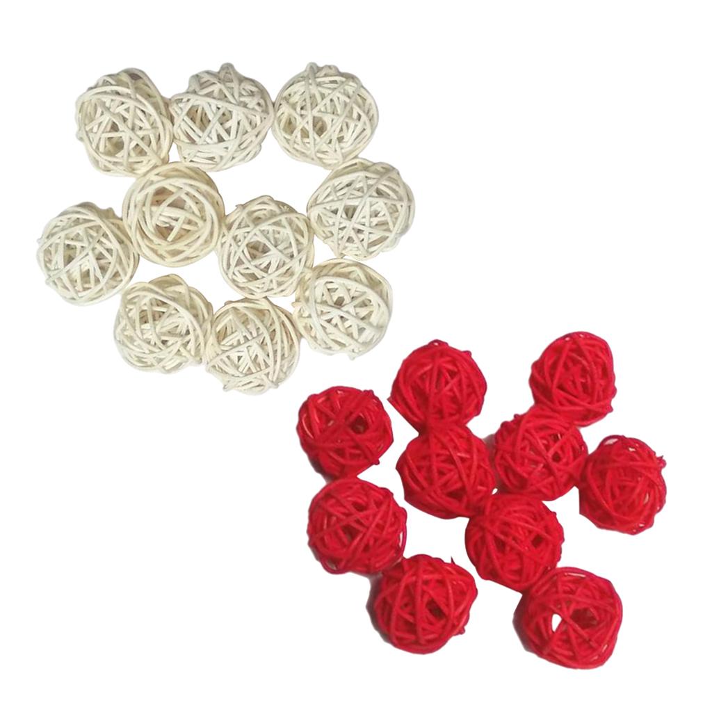 20pcs 3cm Wicker Rattan Balls Xmas Wedding Party Decorative Crafts white+red