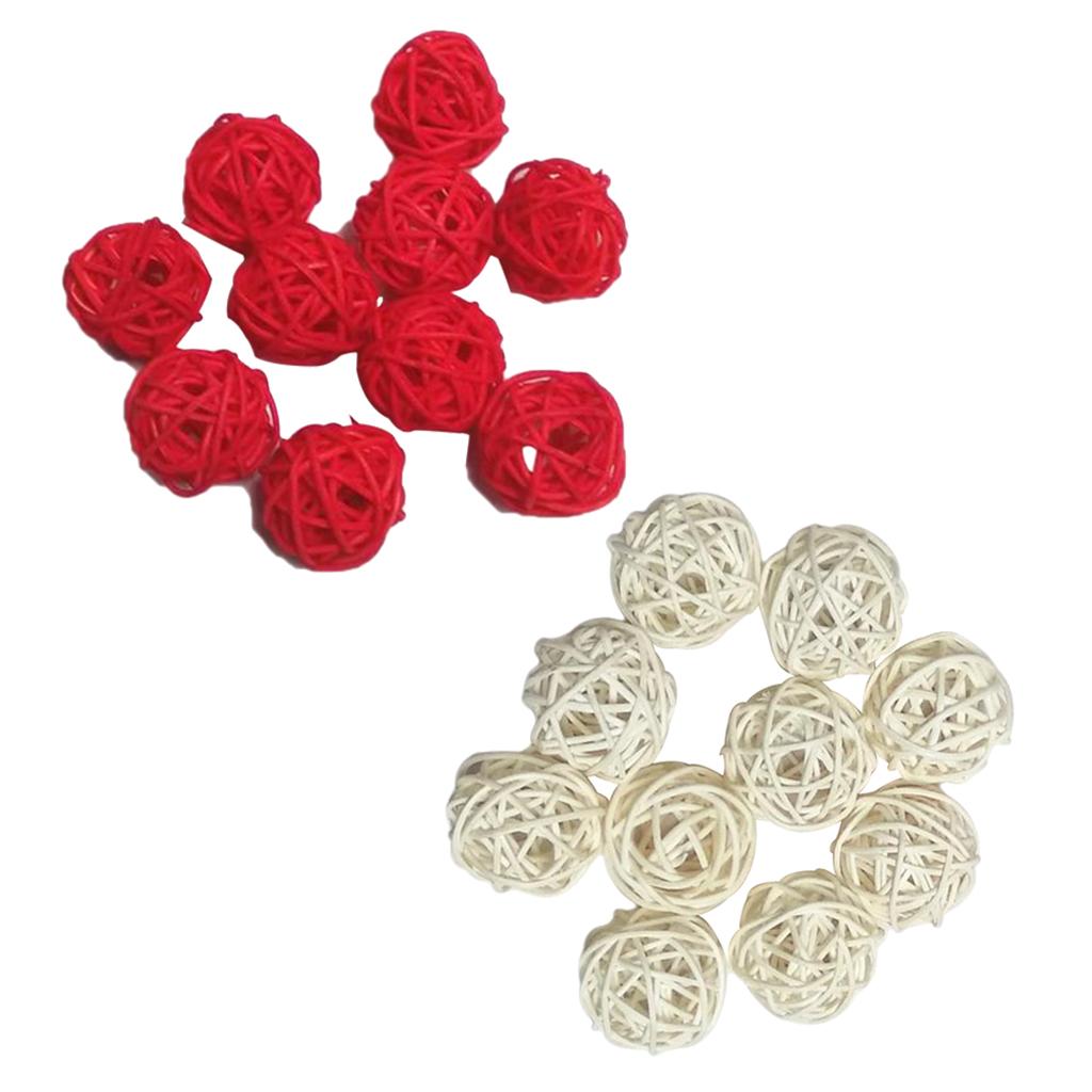 20pcs 3cm Wicker Rattan Balls Xmas Wedding Party Decorative Crafts white+red