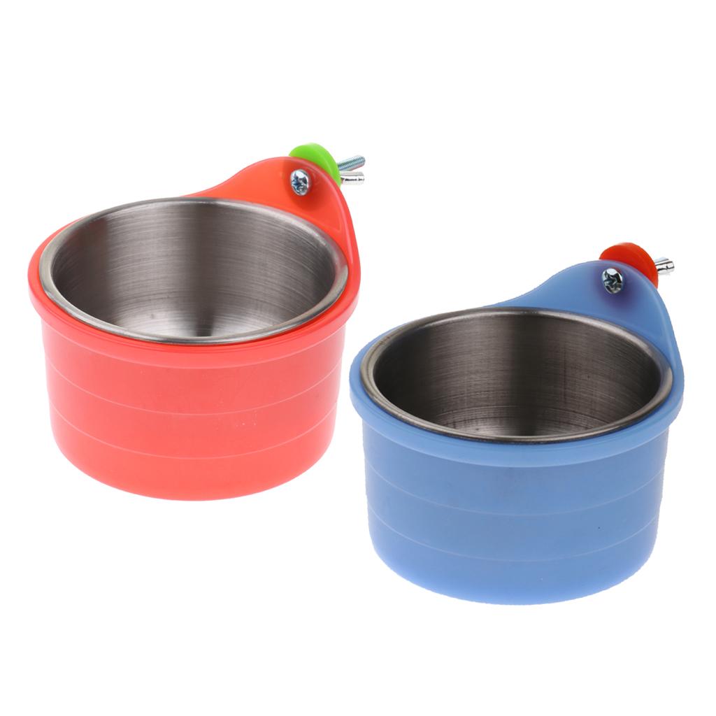 2PCS Bird Parrot Feeding Cups, Cage Hanging Stainless Steel Bowl with Clamp