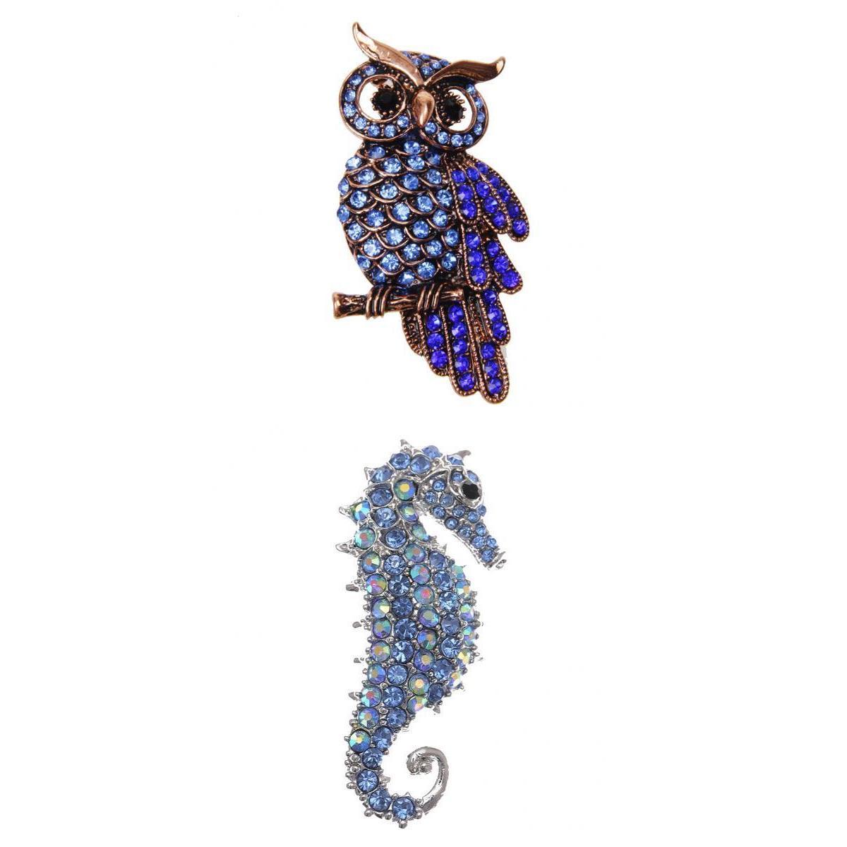 2pcs Crystal Rhinestone Seahorse And Owl Pins Animal Brooches For Men Women