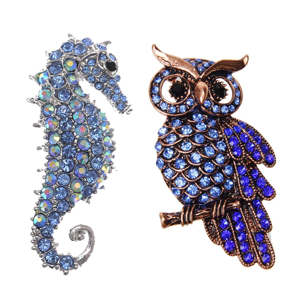 2pcs Crystal Rhinestone Seahorse And Owl Pins Animal Brooches For Men Women