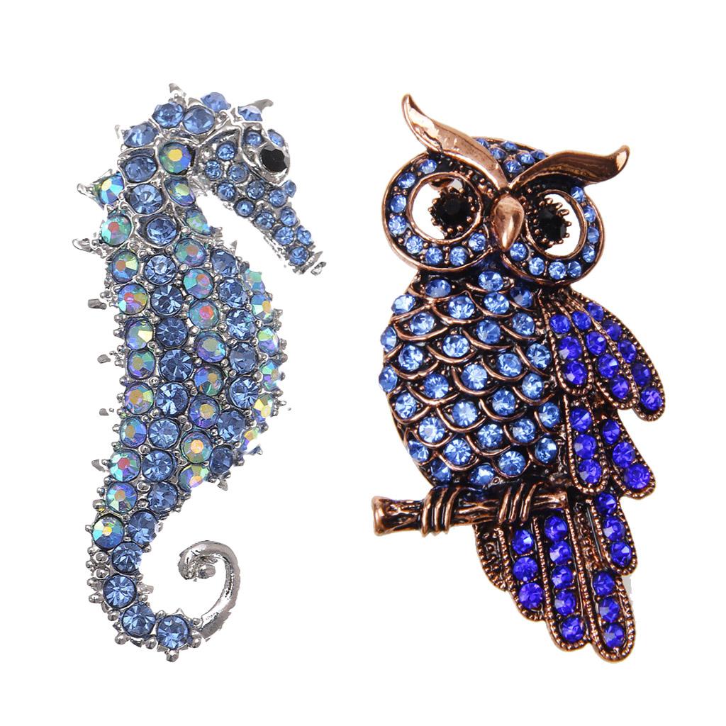 2pcs Crystal Rhinestone Seahorse And Owl Pins Animal Brooches For Men Women
