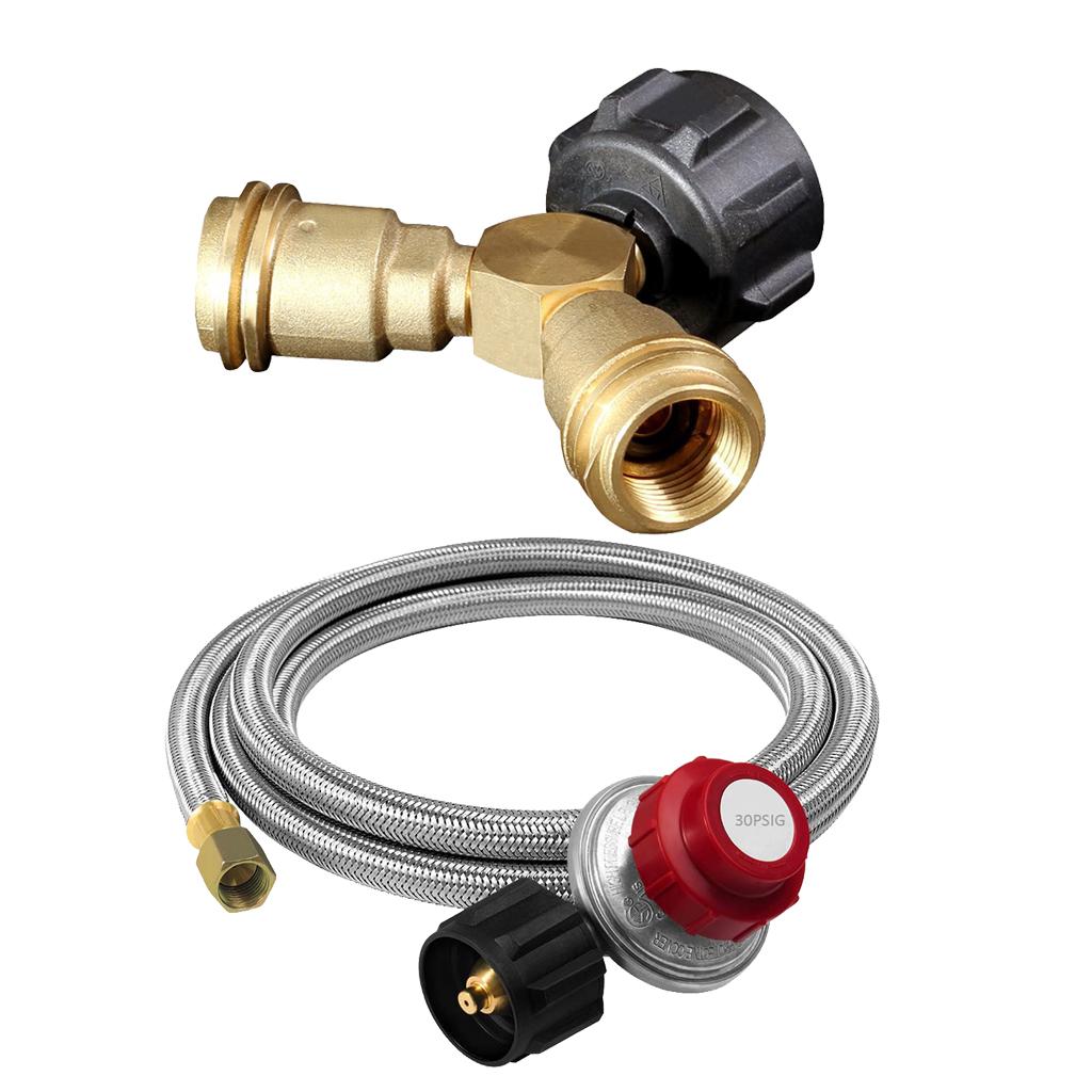 3-Way Propane Y Splitter LP Valve Adapter with Stainless Regulator 4ft Hose