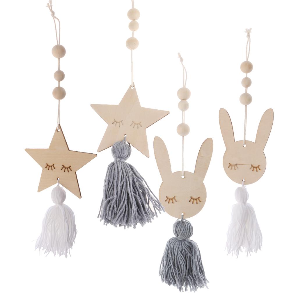 4Pcs Nordic Wooden Beads Tassel Pendant Girls Wall Hanging Ornament