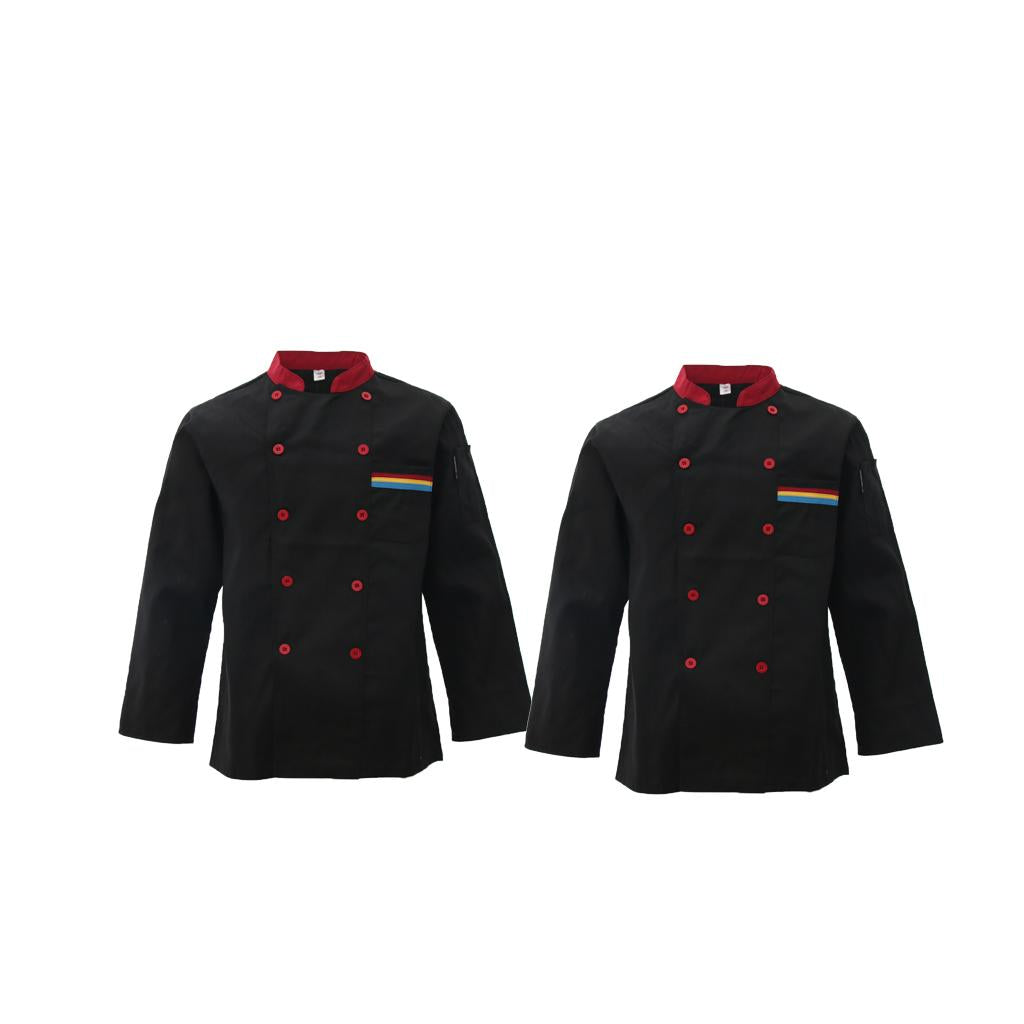 2xUnisex Chef's Uniform Long Sleeve Double-Breasted Men's Chef Coat Black L