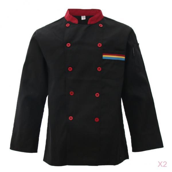 2xUnisex Chef's Uniform Long Sleeve Double-Breasted Men's Chef Coat Black L