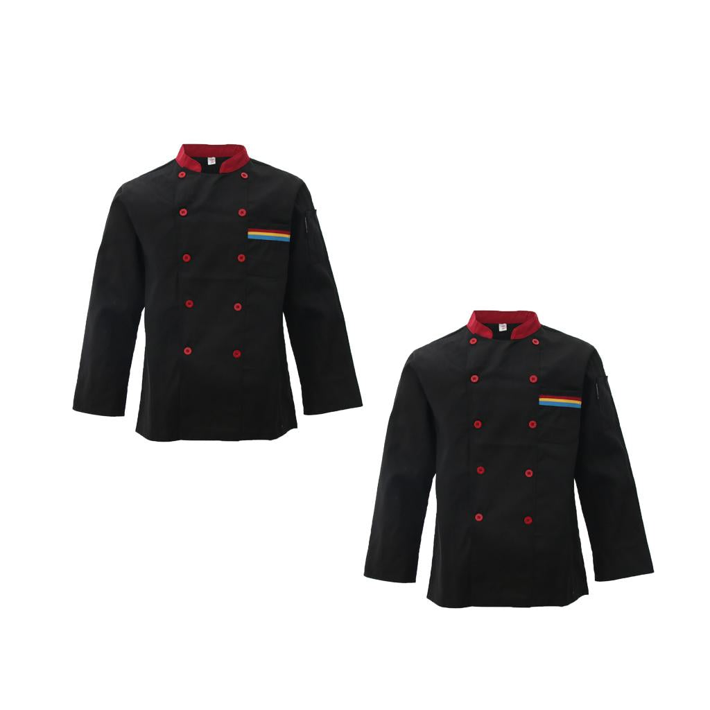 2xUnisex Chef's Uniform Long Sleeve Double-Breasted Men's Chef Coat Black L