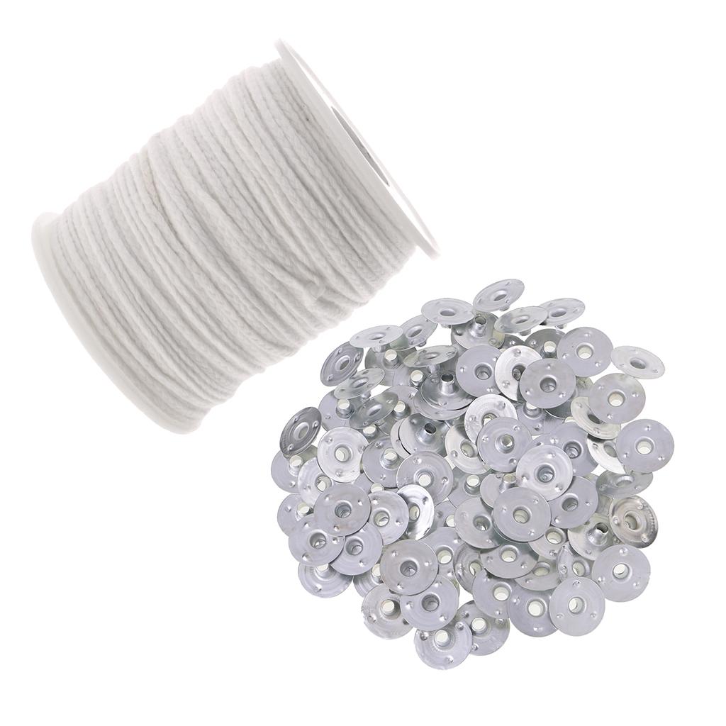 200Pcs Metal Candle Wick Sustainers Tabs Base & 1 Roll Candle Making Wicks