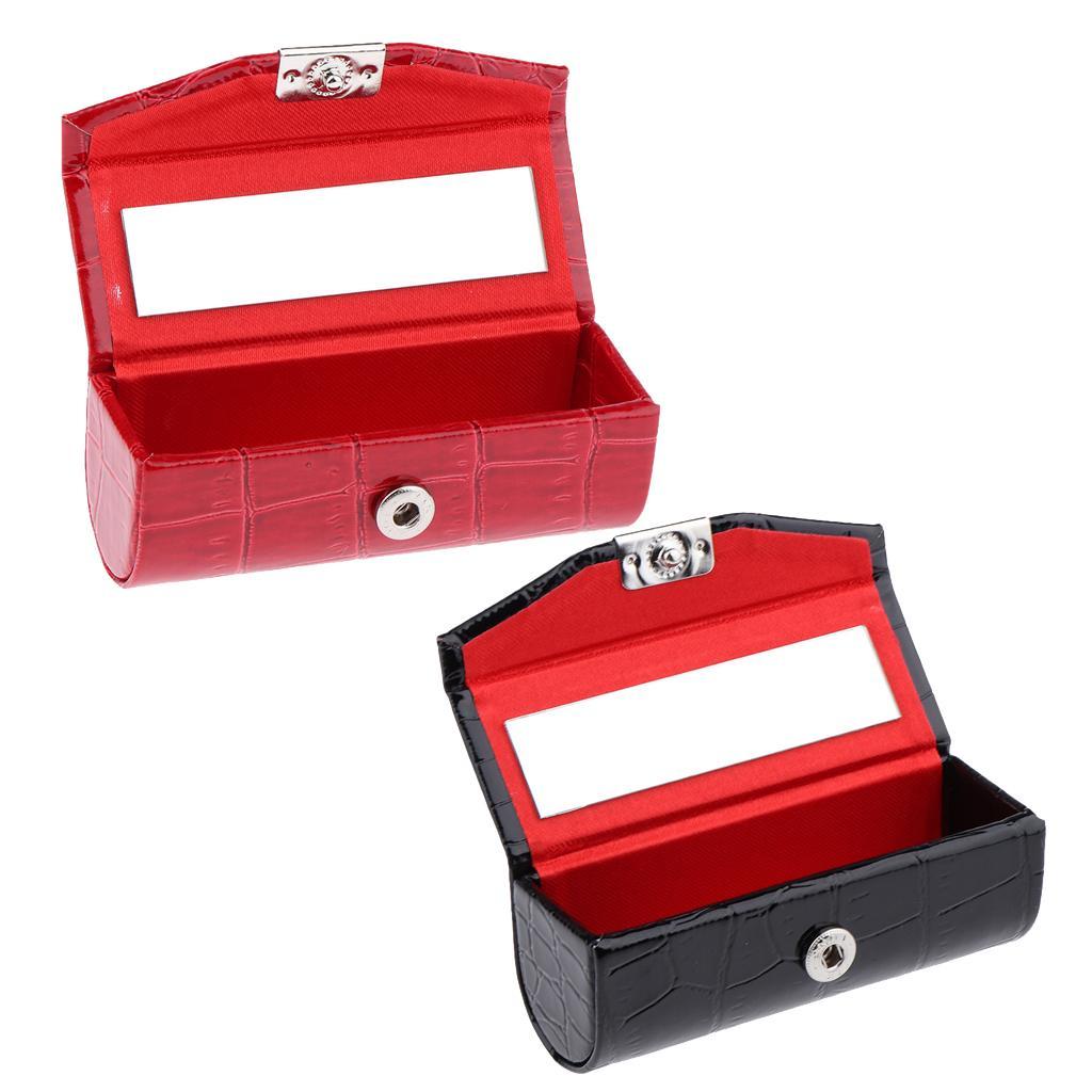 2x Leather Lipstick Case Holder Storage Box with Mirror for Purse Black/Red