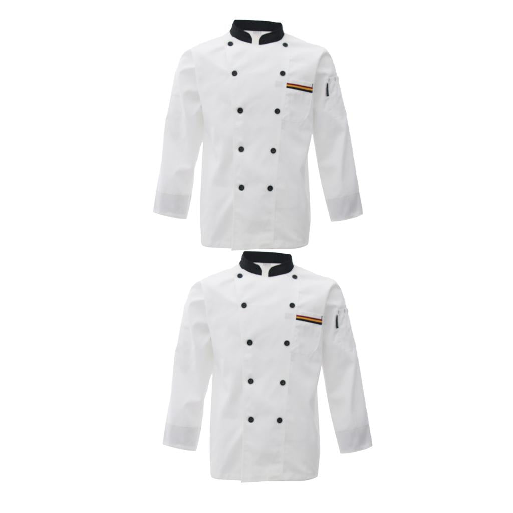 2xUnisex Chef's Uniform Long Sleeve Double-Breasted Men's Chef Coat White L