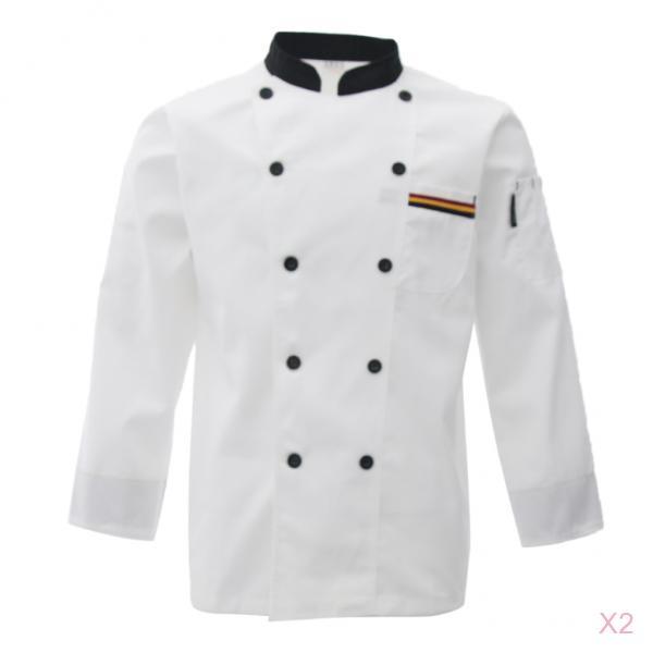 2xUnisex Chef's Uniform Long Sleeve Double-Breasted Men's Chef Coat White L