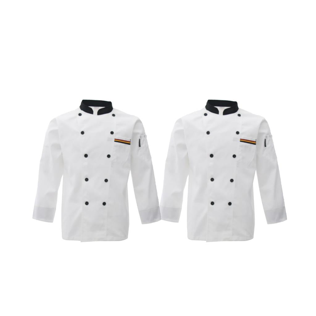 2xUnisex Chef's Uniform Long Sleeve Double-Breasted Men's Chef Coat White L