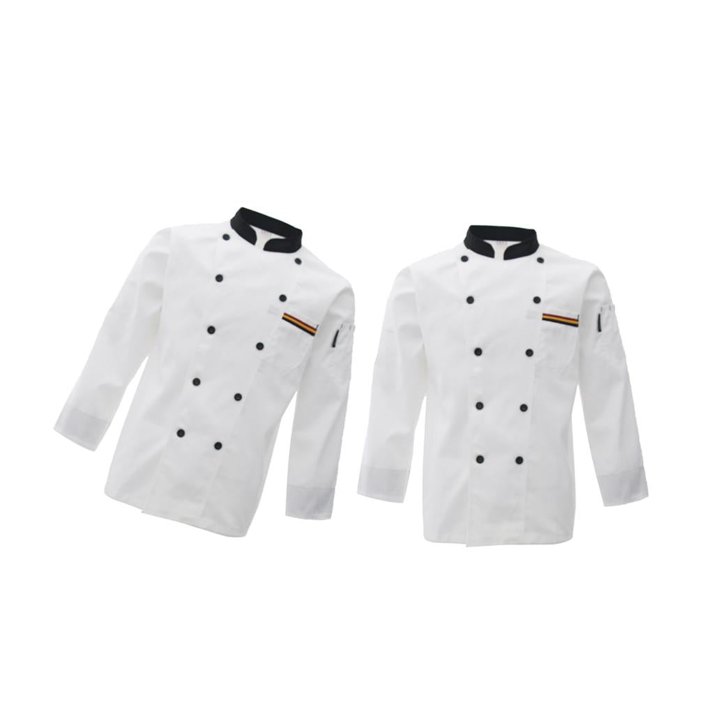 2xUnisex Chef's Uniform Long Sleeve Double-Breasted Men's Chef Coat White L