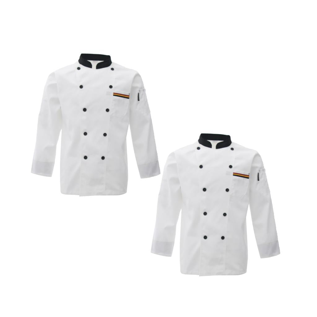 2xUnisex Chef's Uniform Long Sleeve Double-Breasted Men's Chef Coat White L