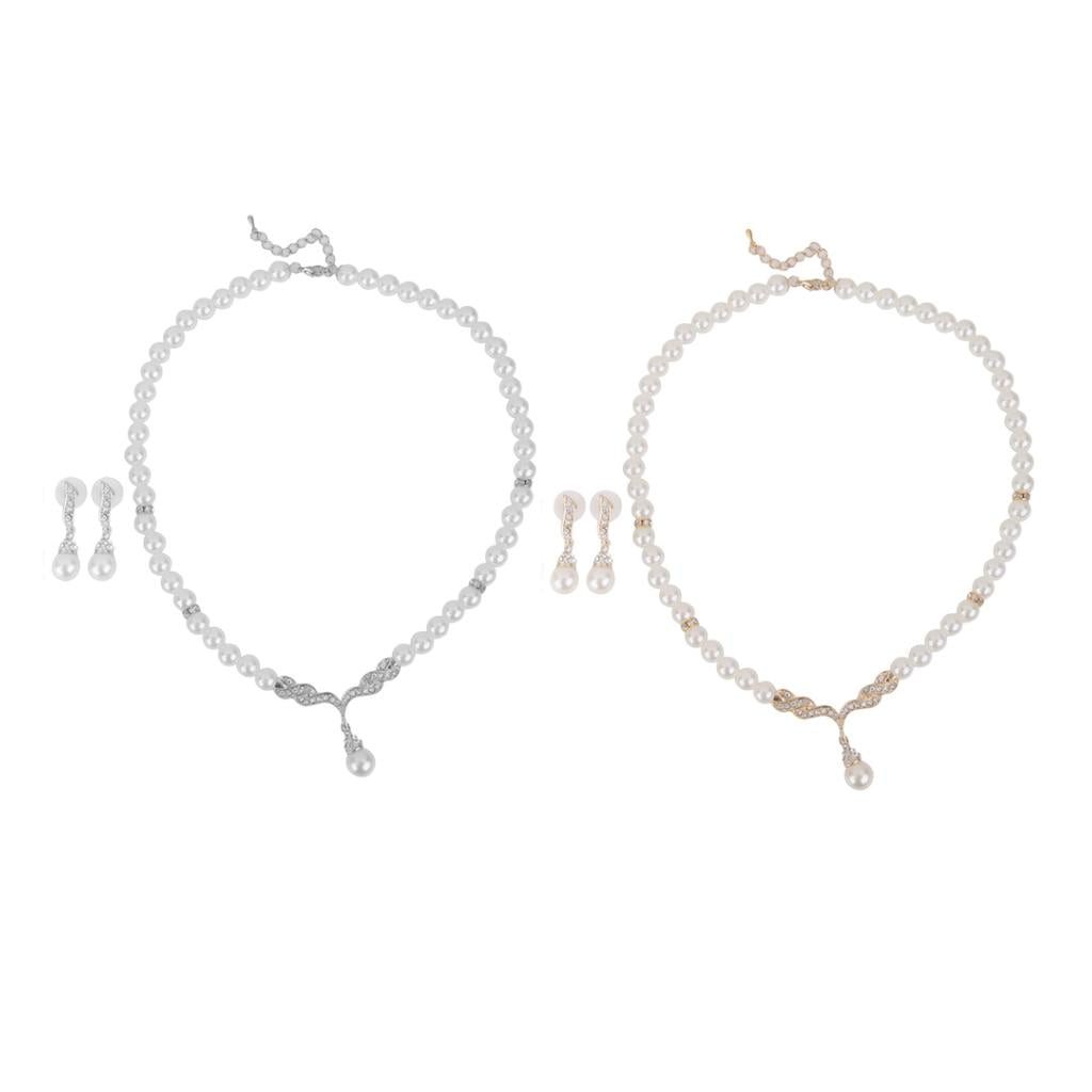 2 Sets Bridal Women Necklace Pearl Crystal Jewelry Set Wedding Earrings Gift