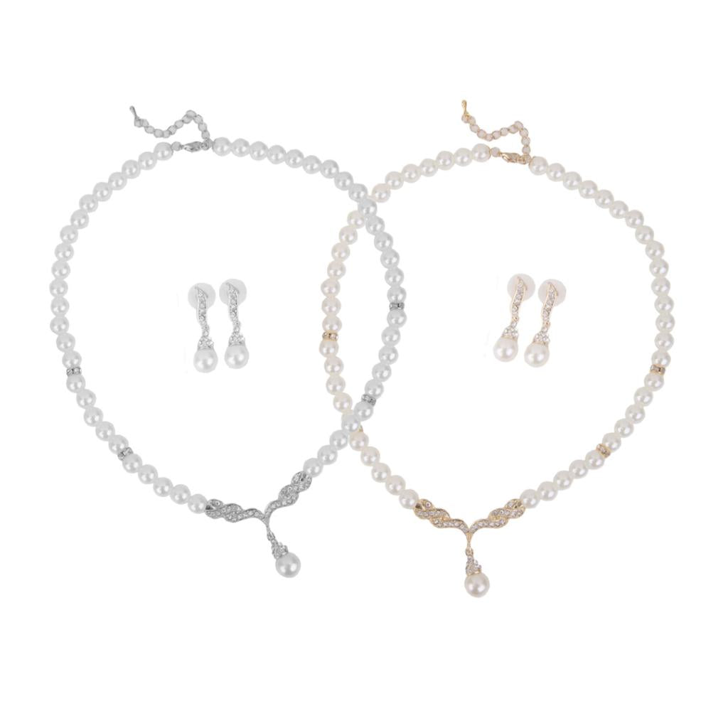 2 Sets Bridal Women Necklace Pearl Crystal Jewelry Set Wedding Earrings Gift