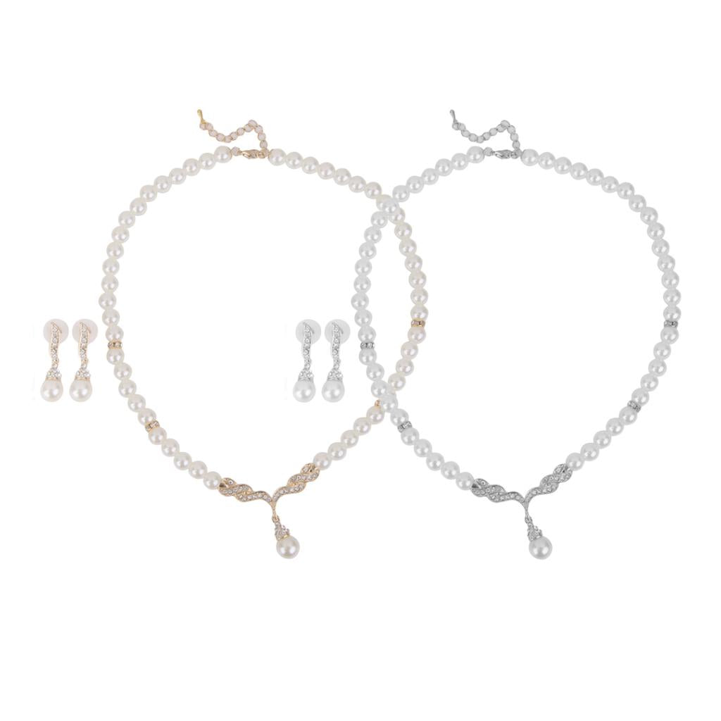 2 Sets Bridal Women Necklace Pearl Crystal Jewelry Set Wedding Earrings Gift