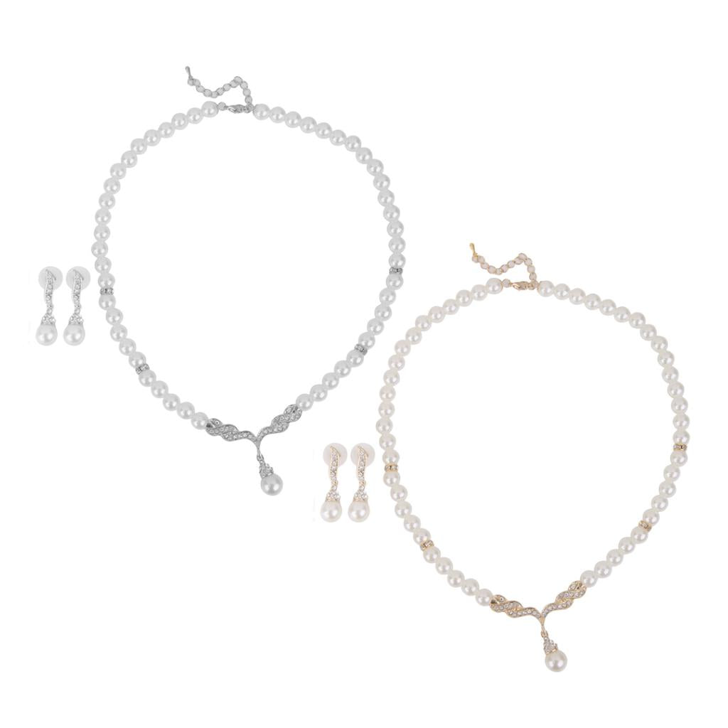 2 Sets Bridal Women Necklace Pearl Crystal Jewelry Set Wedding Earrings Gift