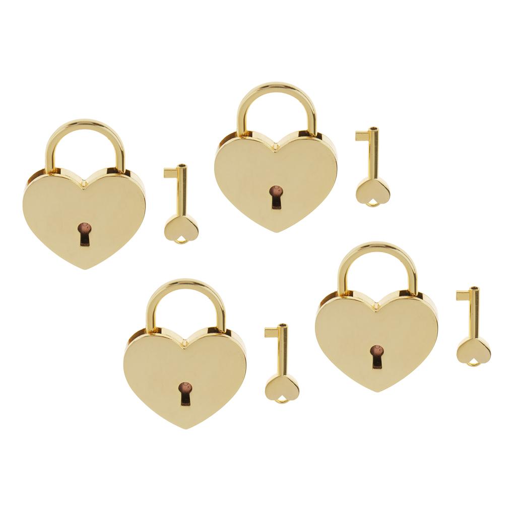 4x Vintage Heart Shape Padlock w/ Key Tiny Suitcase Crafts Lock Set - Golden