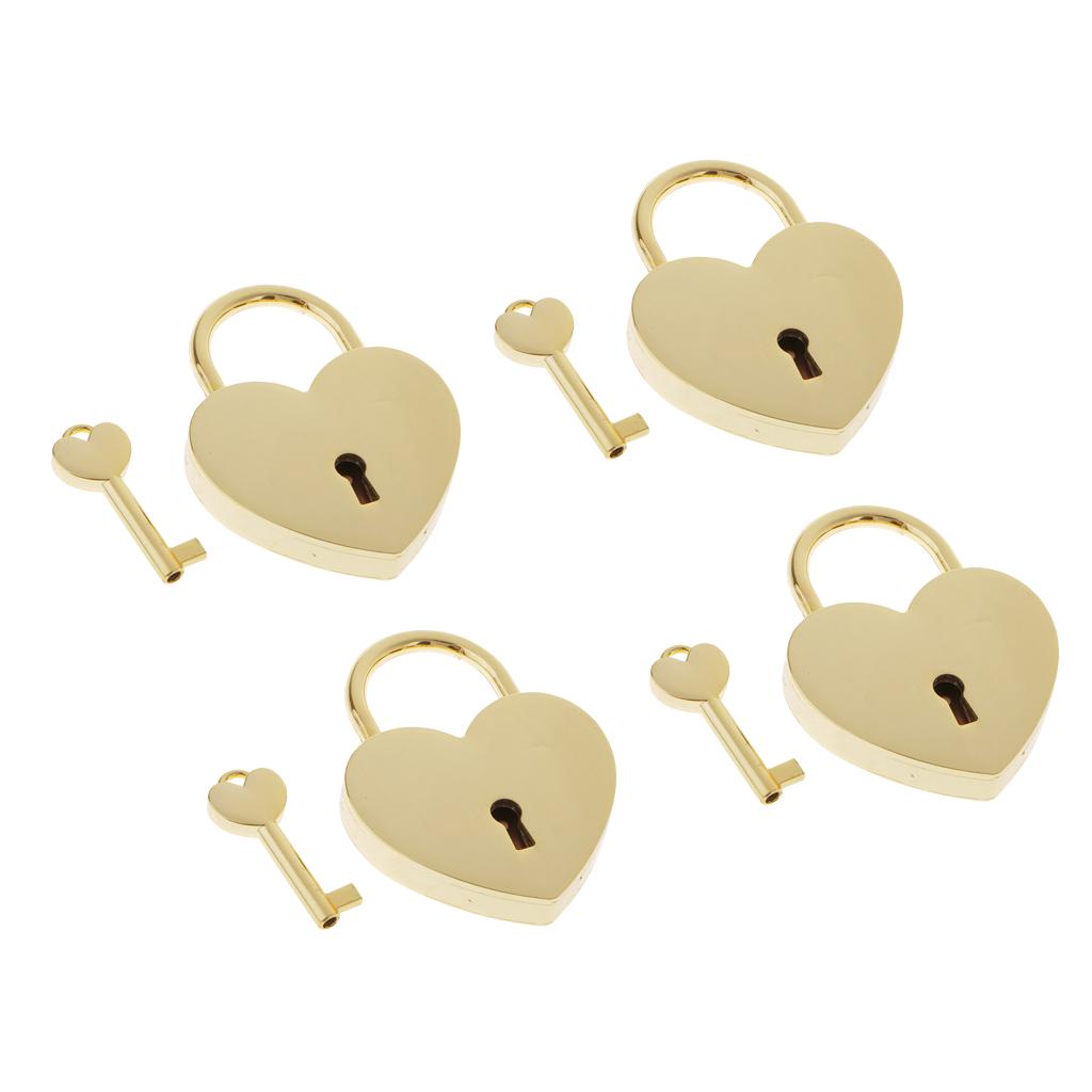 4x Vintage Heart Shape Padlock w/ Key Tiny Suitcase Crafts Lock Set - Golden