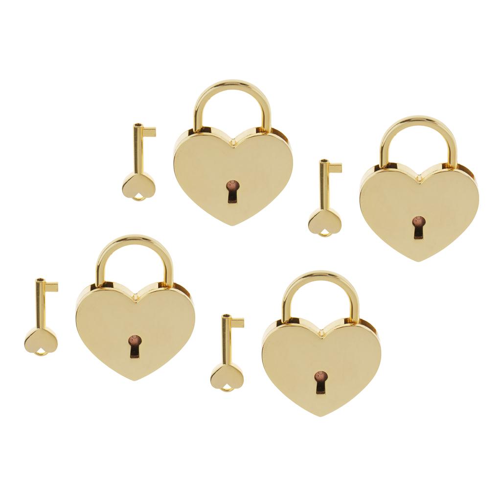 4x Vintage Heart Shape Padlock w/ Key Tiny Suitcase Crafts Lock Set - Golden