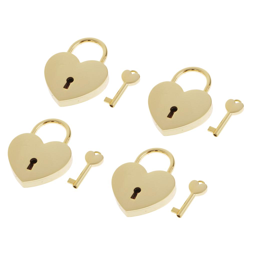 4x Vintage Heart Shape Padlock w/ Key Tiny Suitcase Crafts Lock Set - Golden