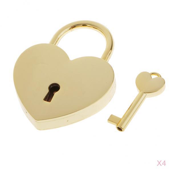 4x Vintage Heart Shape Padlock w/ Key Tiny Suitcase Crafts Lock Set - Golden