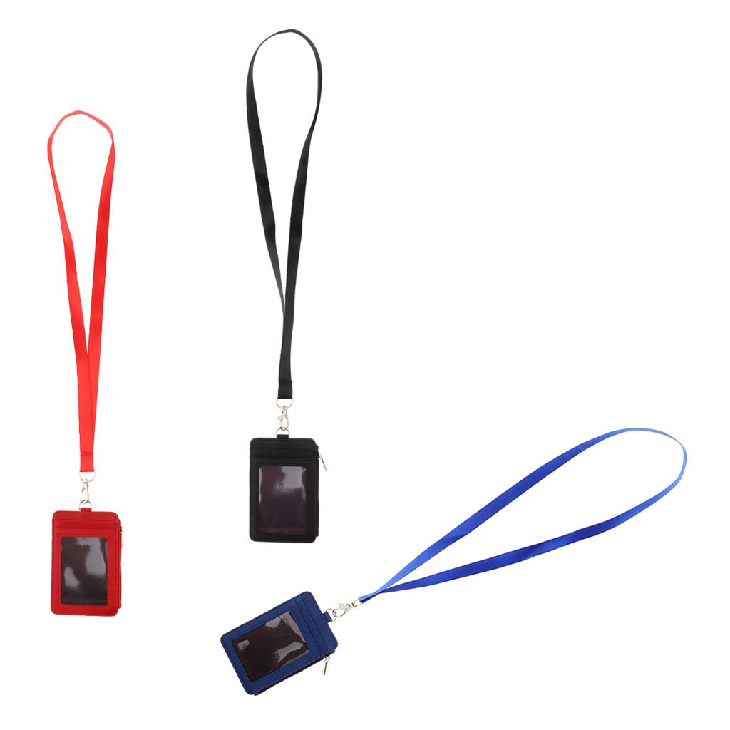 3Pack 2 Sided PU Leather Card Badge Holder with Zip Neck Strap Wallet Case
