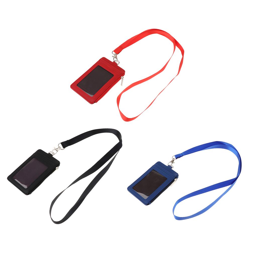 3Pack 2 Sided PU Leather Card Badge Holder with Zip Neck Strap Wallet Case