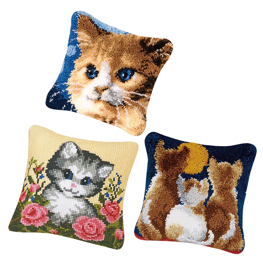 3 Set Pillows Latch Hook Kits Material Package for Beginners Cat Pattern
